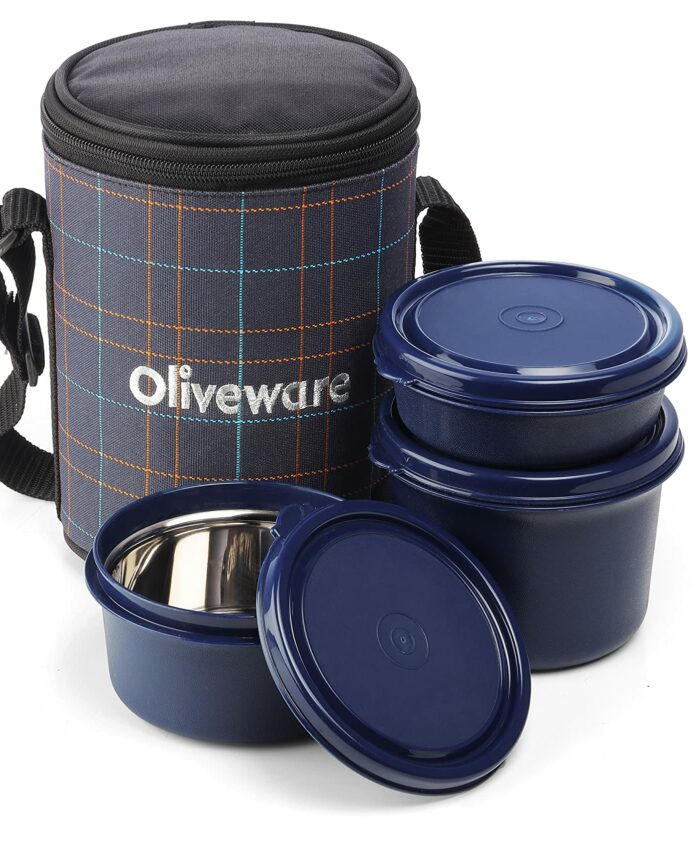 Sanskriti Exports Infinite Lunch Box, Microwave Safe & Leak Proof, 3 Inside Steel Containers with BPA Free Airtight Lids (290ml, 450ml & 600ml), Fabric Bag - Blue