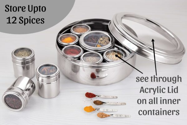 Sanskriti Exports Stainless Steel Masala Box with See-Through Lid | Large Spice Organizer Set of 12 | Indian Kitchenware for Masala Storage (2.5L) - Image 3