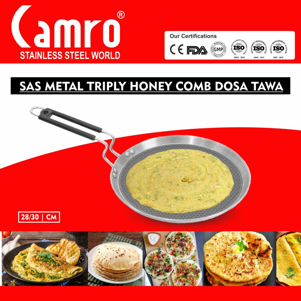 Sanskriti Exports Steel Tawa for Roti and Dosa | Triply Honeycomb Tawa 30cm | Induction Base Dosa Tava Non Stick | Perma-Cool Handles | Base & Induction Compatible | Metal Spoon Friendly | Sturdy Handles - Image 4