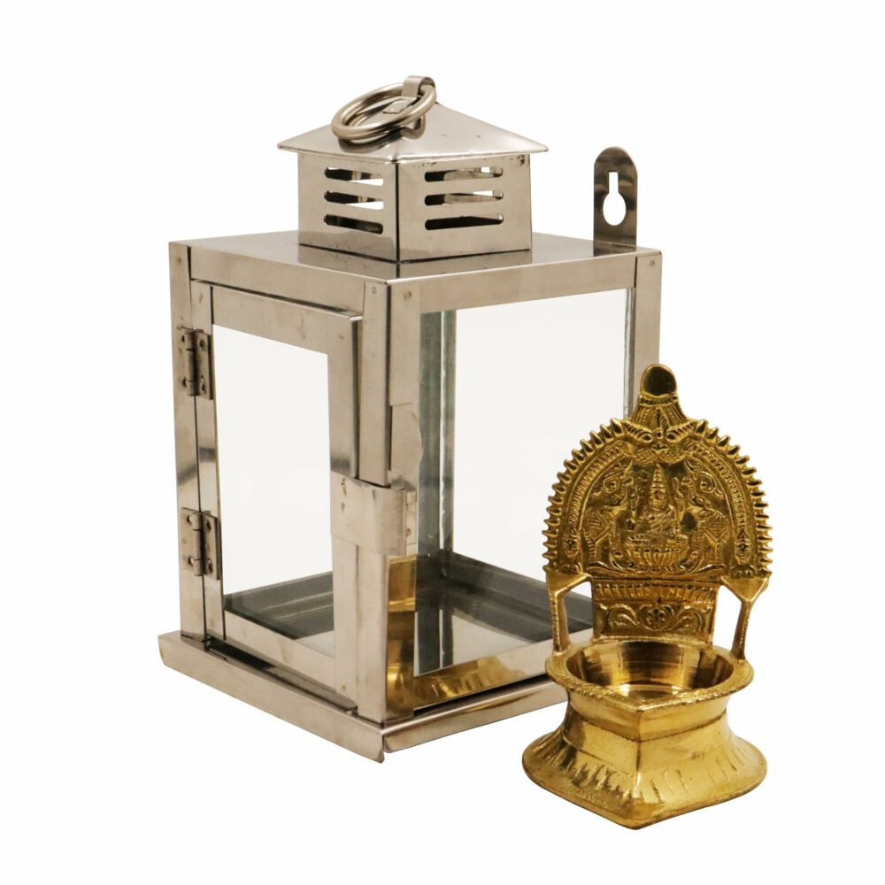 Spillbox Stainless Steel Wall Mounted Oil Lamp with Glass Cover | Deepam Glass Cover| Diya Protector from Wind- Hanging Diya Lantern (Small) Silver - Image 6