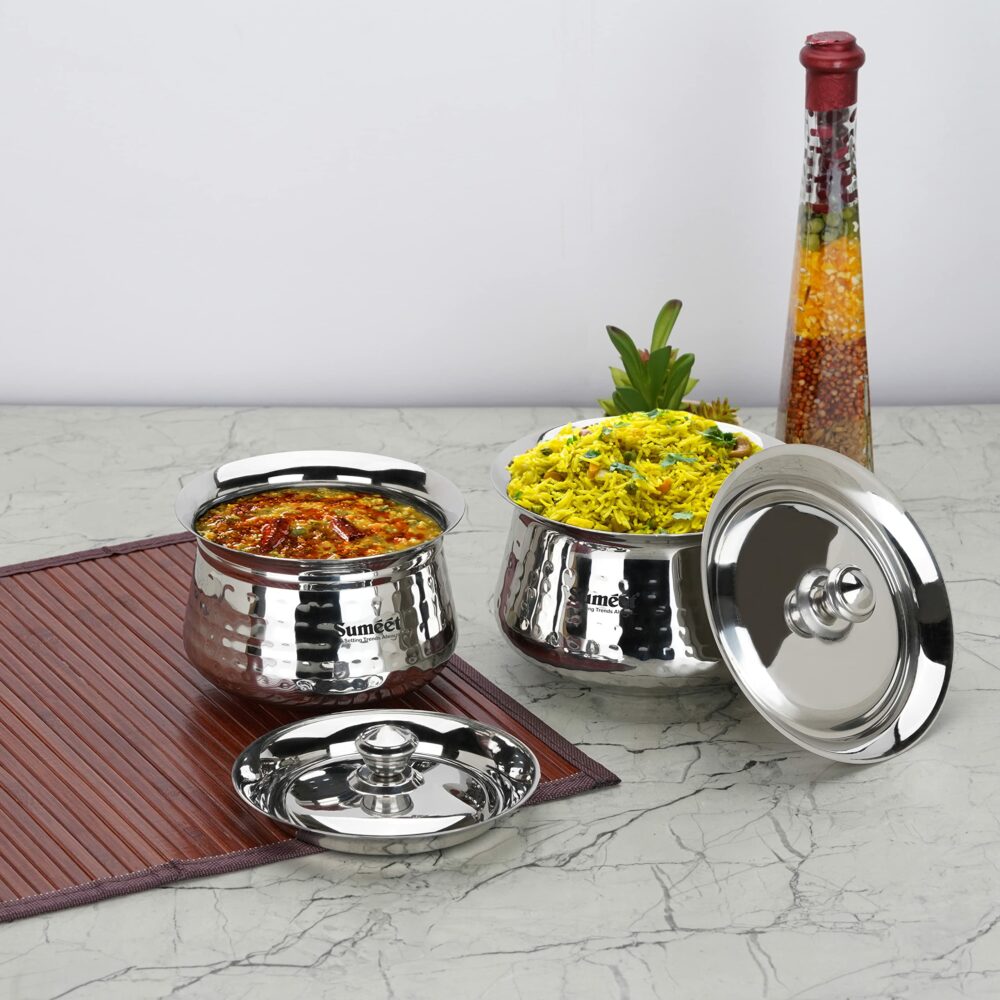 Sanskriti Exports Stainless Steel Handcrafted Hammered Texture Handi Set with Lid for Kitchen, Set of 2, 460ml & 650ml, Silver - Image 2