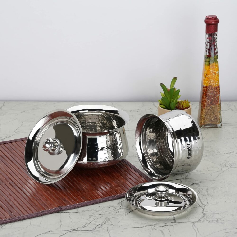 Sanskriti Exports Stainless Steel Handcrafted Hammered Texture Handi Set with Lid for Kitchen, Set of 2, 460ml & 650ml, Silver - Image 5
