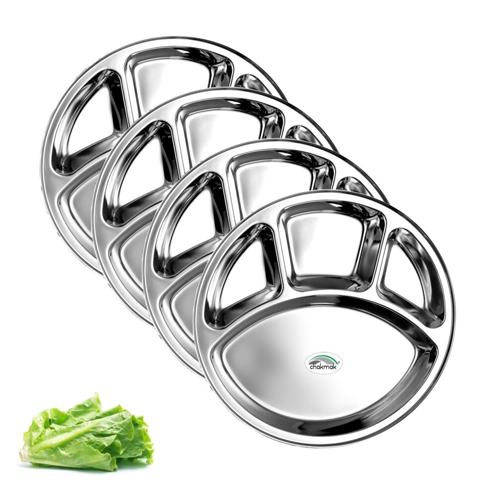 Sanskriti Exports 4 in 1 Stainless Steel Bhojan Thali Round, Compartment Divided Dinner Plate, Silver(12.5 Inch) Set of 4