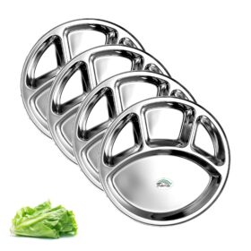Sanskriti Exports 4 in 1 Stainless Steel Bhojan Thali Round, Compartment Divided Dinner Plate, Silver(12.5 Inch) Set of 4