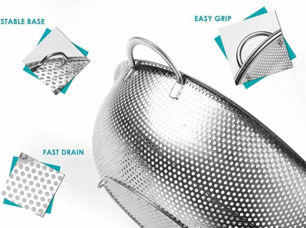 Sanskriti Exports Multipurpose Stainless Steel Colander Strainer Drainer with Handle for Rice Fruits Vegetable Noodles Pasta Beans Grains Washing Filter Basket for Kitchen (25.5x25.5x9 cm) - Image 4