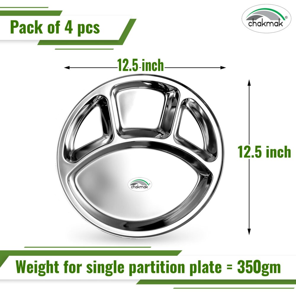 Sanskriti Exports 4 in 1 Stainless Steel Bhojan Thali Round, Compartment Divided Dinner Plate, Silver(12.5 Inch) Set of 4 - Image 2