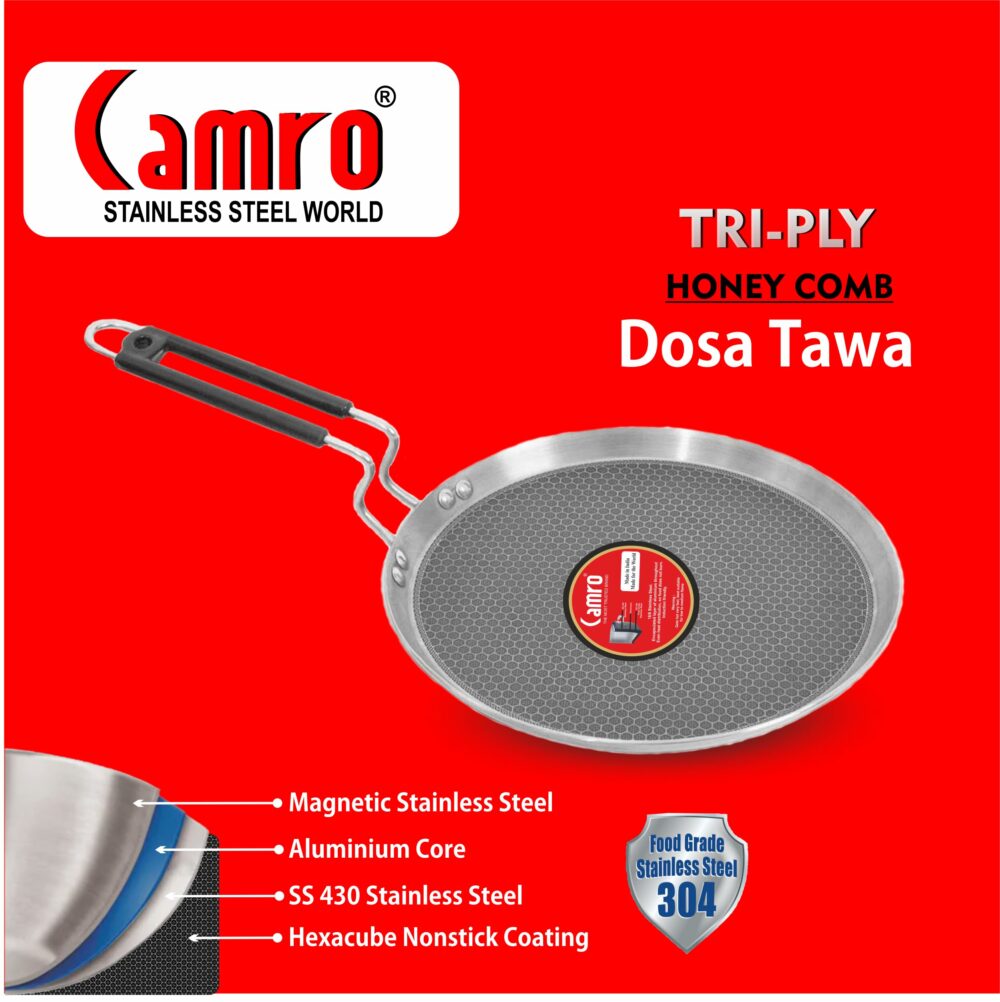 Sanskriti Exports Steel Tawa for Roti and Dosa | Triply Honeycomb Tawa 30cm | Induction Base Dosa Tava Non Stick | Perma-Cool Handles | Base & Induction Compatible | Metal Spoon Friendly | Sturdy Handles - Image 5