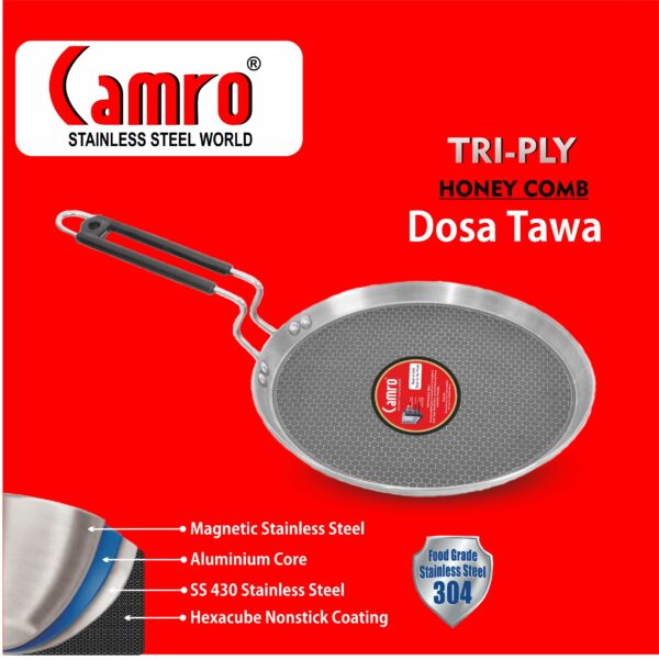 Sanskriti Exports Steel Tawa for Roti and Dosa | Triply Honeycomb Tawa 30cm | Induction Base Dosa Tava Non Stick | Perma-Cool Handles | Base & Induction Compatible | Metal Spoon Friendly | Sturdy Handles