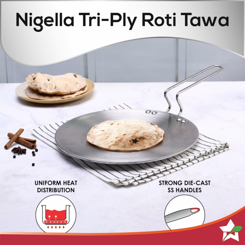 Wonderchef Nigella Tri-Ply 26 cm Roti Tawa | Non-Stick Tawa | 4mm Thickness | Induction Base | Compatible with All cooktops | Riveted Cool-Touch Handle | 10 Year Warranty, Stainless Steel, Silver - Image 5