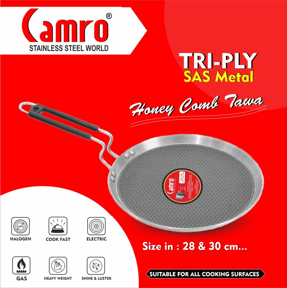 Sanskriti Exports Steel Tawa for Roti and Dosa | Triply Honeycomb Tawa 30cm | Induction Base Dosa Tava Non Stick | Perma-Cool Handles | Base & Induction Compatible | Metal Spoon Friendly | Sturdy Handles - Image 3