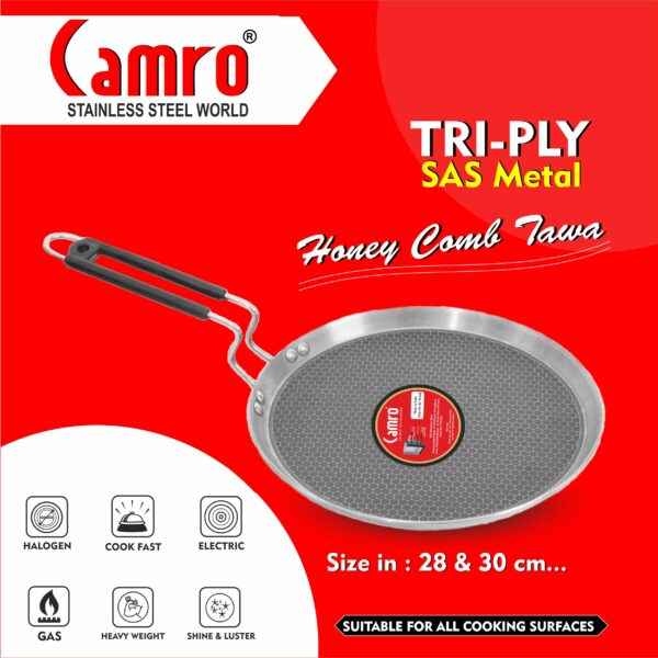 Sanskriti Exports Steel Tawa for Roti and Dosa | Triply Honeycomb Tawa 30cm | Induction Base Dosa Tava Non Stick | Perma-Cool Handles | Base & Induction Compatible | Metal Spoon Friendly | Sturdy Handles