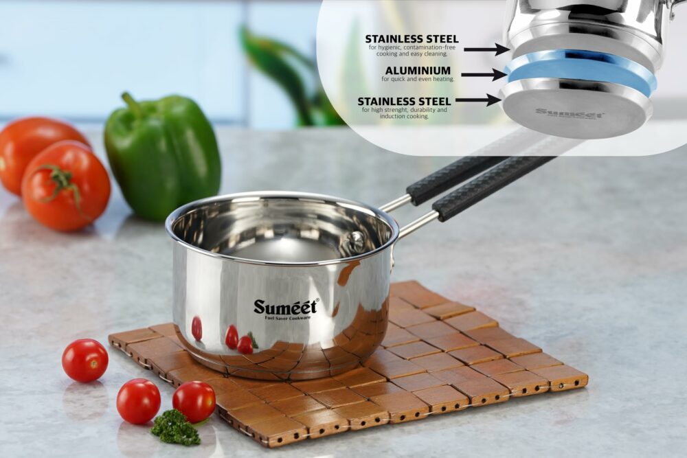 Sanskriti Exports Stainless Steel Induction Bottom Gas Stove & Induction Friendly Saucepan with Bacelite Wire Handle, 900ml, 12 cm Dia, Silver - Image 2