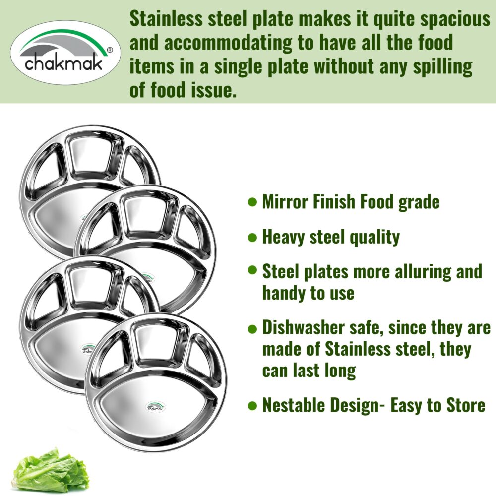 Sanskriti Exports 4 in 1 Stainless Steel Bhojan Thali Round, Compartment Divided Dinner Plate, Silver(12.5 Inch) Set of 4 - Image 4
