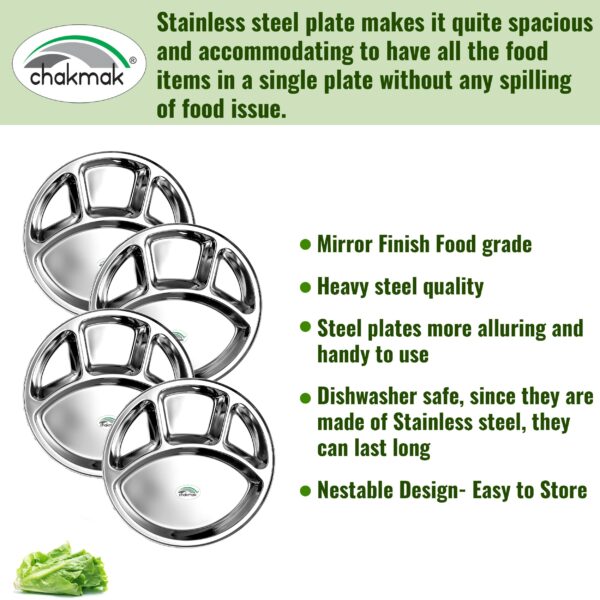 Sanskriti Exports 4 in 1 Stainless Steel Bhojan Thali Round, Compartment Divided Dinner Plate, Silver(12.5 Inch) Set of 4