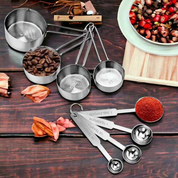 Sanskriti Exports Stainless Steel Measuring Cups & Spoon Combo for Dry or Liquid/Kitchen Gadgets/Cooking & Baking/Stackable Professional Measuring Cup Set with Measurement Handles (WH,Set of 4 Cups & 4 Spoons)