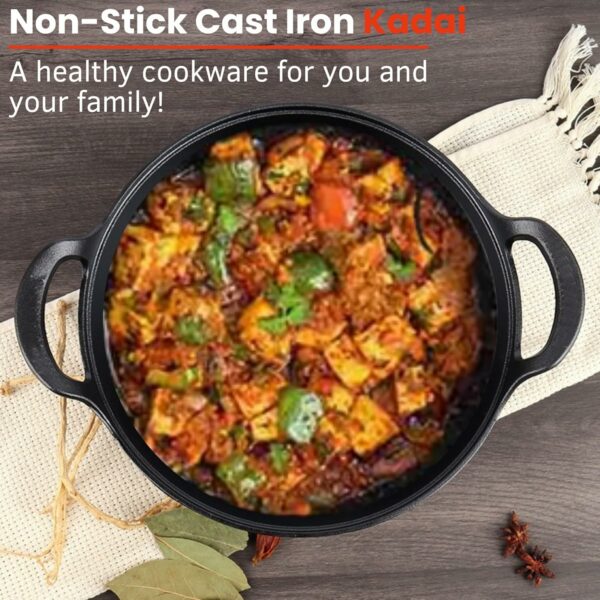 Sanskriti Exports Cast Iron Kadai with Lid/Pre Seasoned Iron Kadai with 2 Handles and Flat Base/Iron Kadhai for Cooking/Uncoated Wok for Electric Induction (with Glass Lid 27cm)