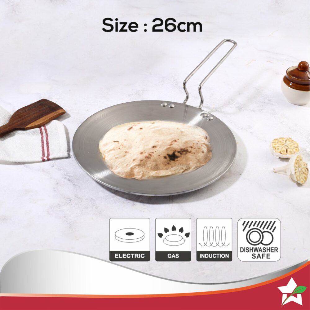 Wonderchef Nigella Tri-Ply 26 cm Roti Tawa | Non-Stick Tawa | 4mm Thickness | Induction Base | Compatible with All cooktops | Riveted Cool-Touch Handle | 10 Year Warranty, Stainless Steel, Silver - Image 6