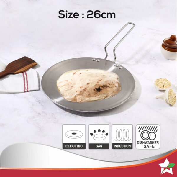 Wonderchef Nigella Tri-Ply 26 cm Roti Tawa | Non-Stick Tawa | 4mm Thickness | Induction Base | Compatible with All cooktops | Riveted Cool-Touch Handle | 10 Year Warranty, Stainless Steel, Silver