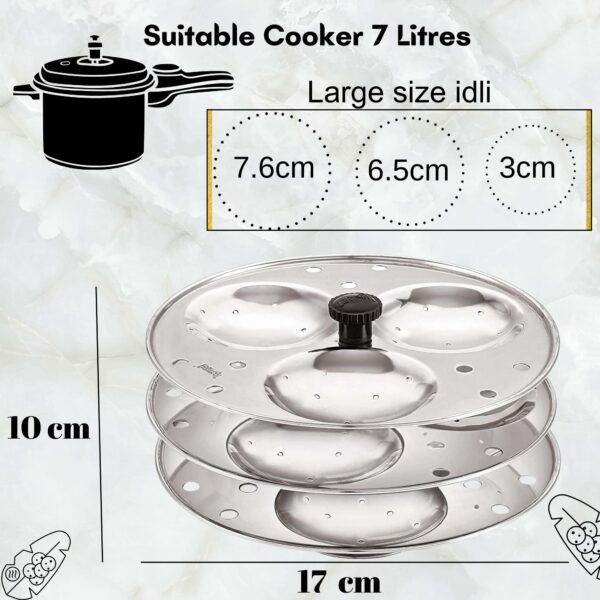 Sanskriti Exports - 3 Plates Stainless Steel Heavy Quality Idli Stand for 3 Liter Cooker | (9 Big Size idli Maker Stand Kitchen Tool 3 Plates, Silver)