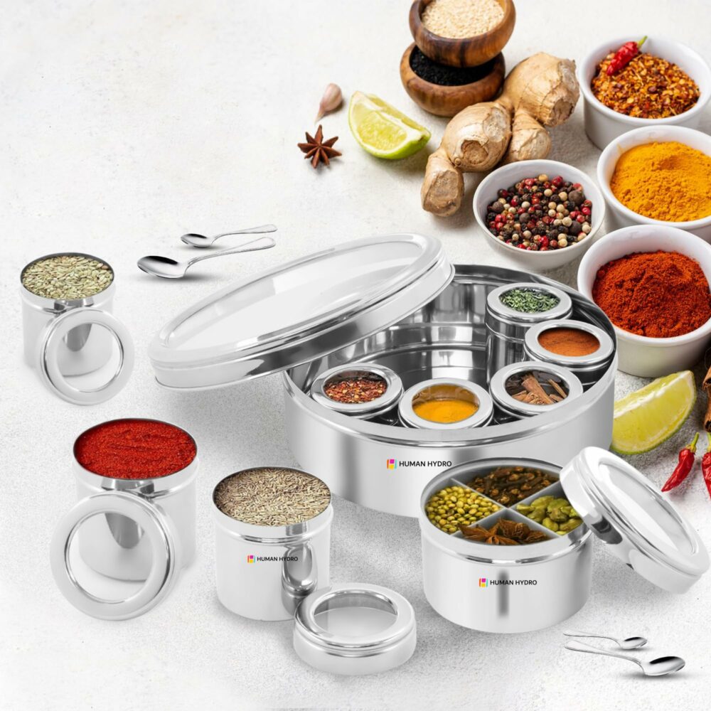 Sanskriti Exports 12-in-1 Stainless Steel Masala Dabba | Spice Box with Partitioned Middle Container & 3 Spoons | See-Through Lid | Masala Dani for Kitchen (22 cm, Silver) - Image 3