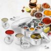 Sanskriti Exports 12-in-1 Stainless Steel Masala Dabba | Spice Box with Partitioned Middle Container & 3 Spoons | See-Through Lid | Masala Dani for Kitchen (22 cm, Silver)