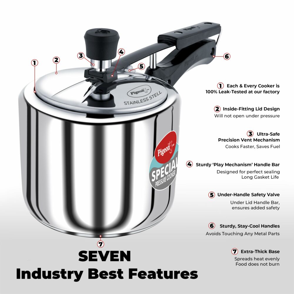 Pigeon by Stovekraft 3 Litre Special Stainless Steel Inner Lid Induction Base Pressure Cooker (Silver) BIS Certified - Image 3