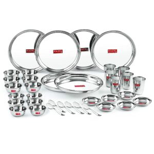 Sanskriti Exports Stainless Steel Dinner Set of 36 Pieces | 6 Plates, 6 Glasses, 12 Serving Bowls, 6 Dessert Plates, 6 Spoons
