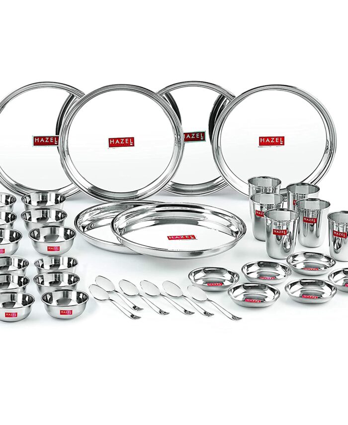 Sanskriti Exports Stainless Steel Dinner Set of 36 Pieces | 6 Plates, 6 Glasses, 12 Serving Bowls, 6 Dessert Plates, 6 Spoons