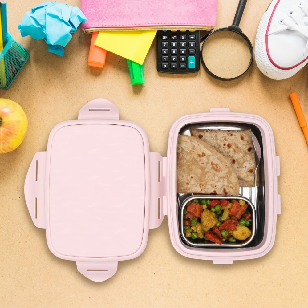 Sanskriti Exports Stainless Steel Insulated Lunch Box Wavesteel Jr. Pink, 500 ml, Airtight Tiffin Box for School Kids |Spillproof with Silicon Seal |Food Grade | BPA Free - Image 4