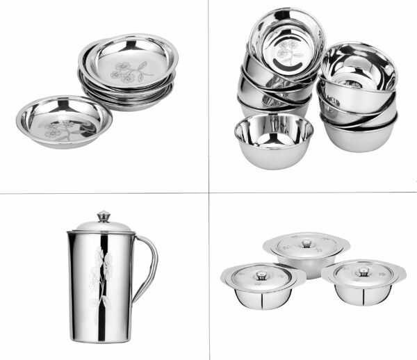 Sanskriti Exports Stainless Steel Eco Dinner Set - Laser 57 PCS | Complete Tableware Solution | Steel Utensils for Kitchen, Utensils Set, Bartan Set - Image 6