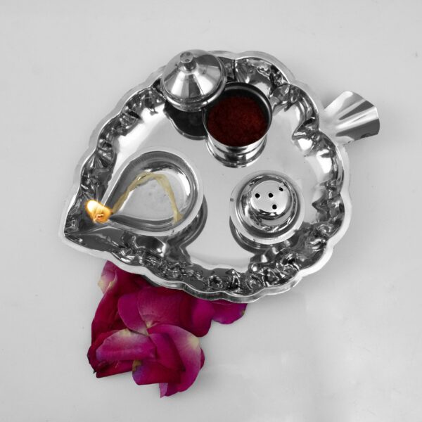 Spillbox Traditional Handcrafted Stainless Steel Thali Kumkum Plate for Pooja/Worship-Bowl-Dhoop-Diya (Silver) - Image 4