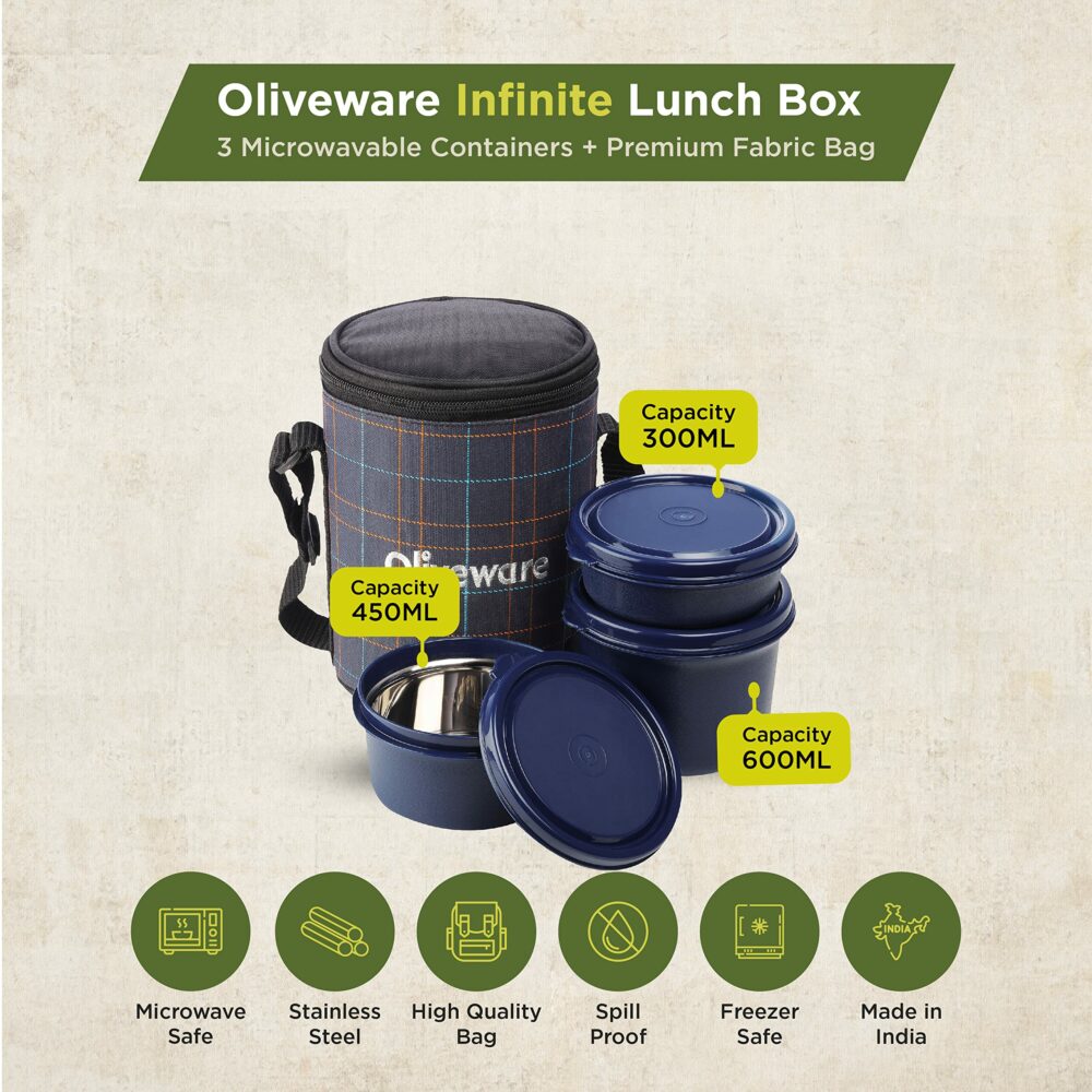 Sanskriti Exports Infinite Lunch Box, Microwave Safe & Leak Proof, 3 Inside Steel Containers with BPA Free Airtight Lids (290ml, 450ml & 600ml), Fabric Bag - Blue - Image 2
