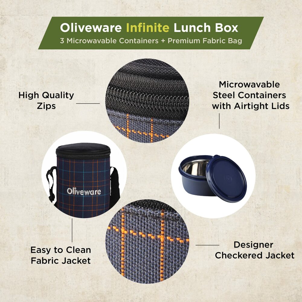 Sanskriti Exports Infinite Lunch Box, Microwave Safe & Leak Proof, 3 Inside Steel Containers with BPA Free Airtight Lids (290ml, 450ml & 600ml), Fabric Bag - Blue - Image 3