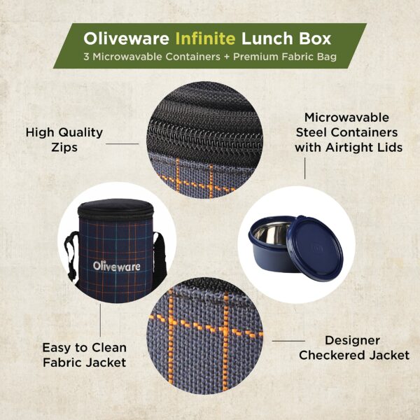 Sanskriti Exports Infinite Lunch Box, Microwave Safe & Leak Proof, 3 Inside Steel Containers with BPA Free Airtight Lids (290ml, 450ml & 600ml), Fabric Bag - Blue