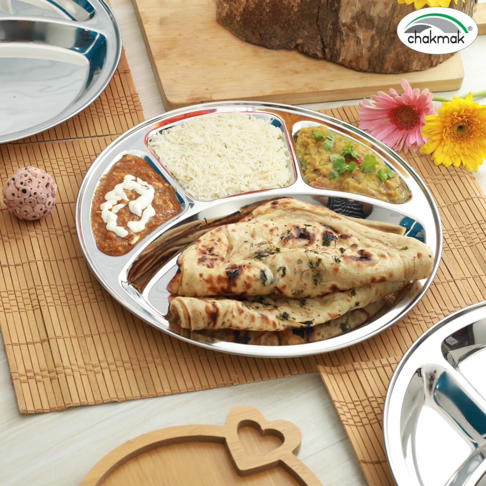 Sanskriti Exports 4 in 1 Stainless Steel Bhojan Thali Round, Compartment Divided Dinner Plate, Silver(12.5 Inch) Set of 4 - Image 6