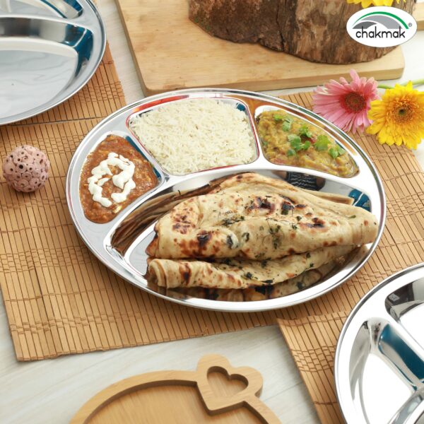 Sanskriti Exports 4 in 1 Stainless Steel Bhojan Thali Round, Compartment Divided Dinner Plate, Silver(12.5 Inch) Set of 4