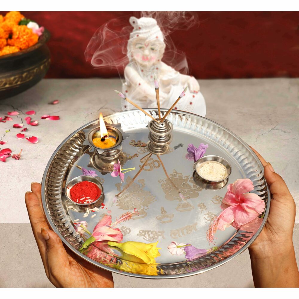 Sanskriti Exports Handcrafted Engraved Lakshmi & Ganesh Stainless Steel Puja Aarti Thali Set, Religious Return Gift Item, 10-inch Pooja Thali with 1pc Diya, Agarbatti Holder & 2pcs Kumkum Wati - Image 3