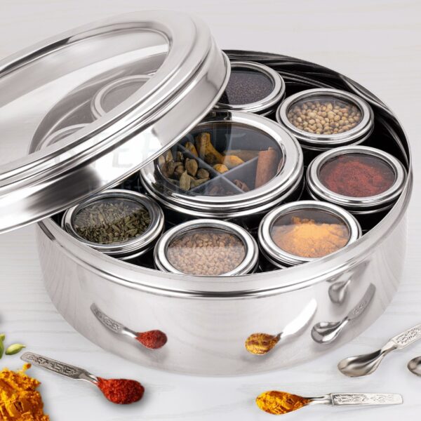 Sanskriti Exports Stainless Steel Masala Box with See-Through Lid | Large Spice Organizer Set of 12 | Indian Kitchenware for Masala Storage (2.5L)