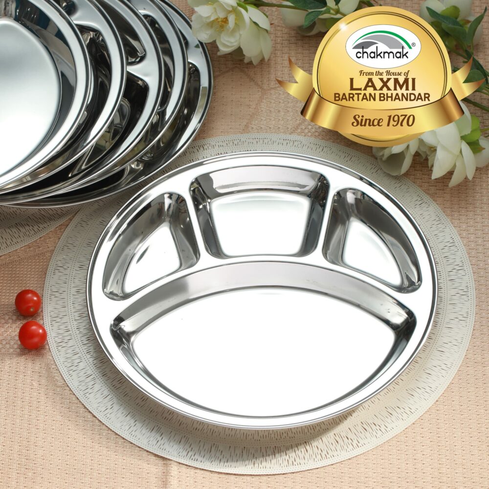 Sanskriti Exports 4 in 1 Stainless Steel Bhojan Thali Round, Compartment Divided Dinner Plate, Silver(12.5 Inch) Set of 4 - Image 3