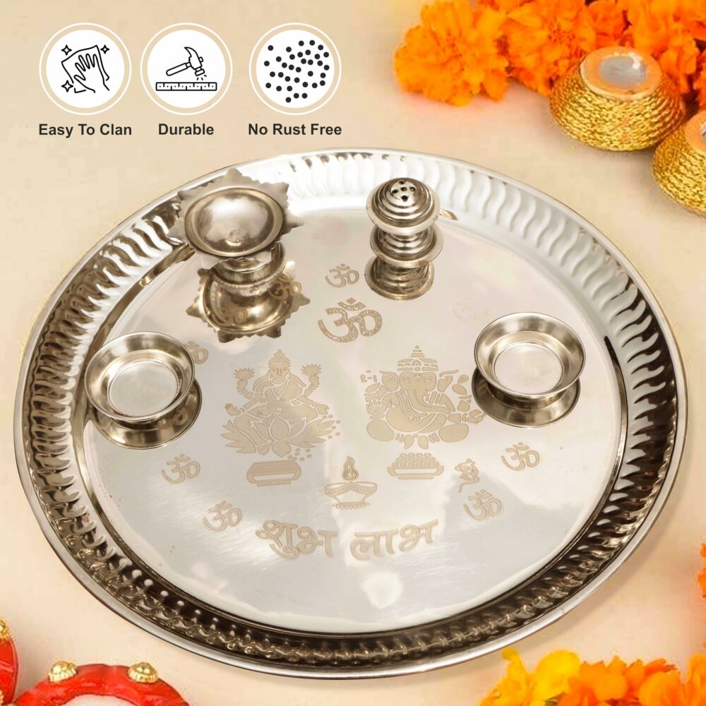 Sanskriti Exports Handcrafted Engraved Lakshmi & Ganesh Stainless Steel Puja Aarti Thali Set, Religious Return Gift Item, 10-inch Pooja Thali with 1pc Diya, Agarbatti Holder & 2pcs Kumkum Wati - Image 4