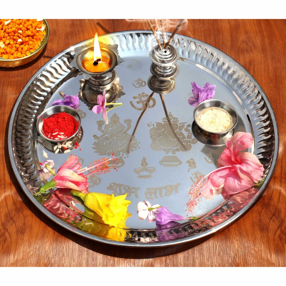 Sanskriti Exports Handcrafted Engraved Lakshmi & Ganesh Stainless Steel Puja Aarti Thali Set, Religious Return Gift Item, 10-inch Pooja Thali with 1pc Diya, Agarbatti Holder & 2pcs Kumkum Wati
