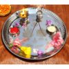 Sanskriti Exports Handcrafted Engraved Lakshmi & Ganesh Stainless Steel Puja Aarti Thali Set, Religious Return Gift Item, 10-inch Pooja Thali with 1pc Diya, Agarbatti Holder & 2pcs Kumkum Wati