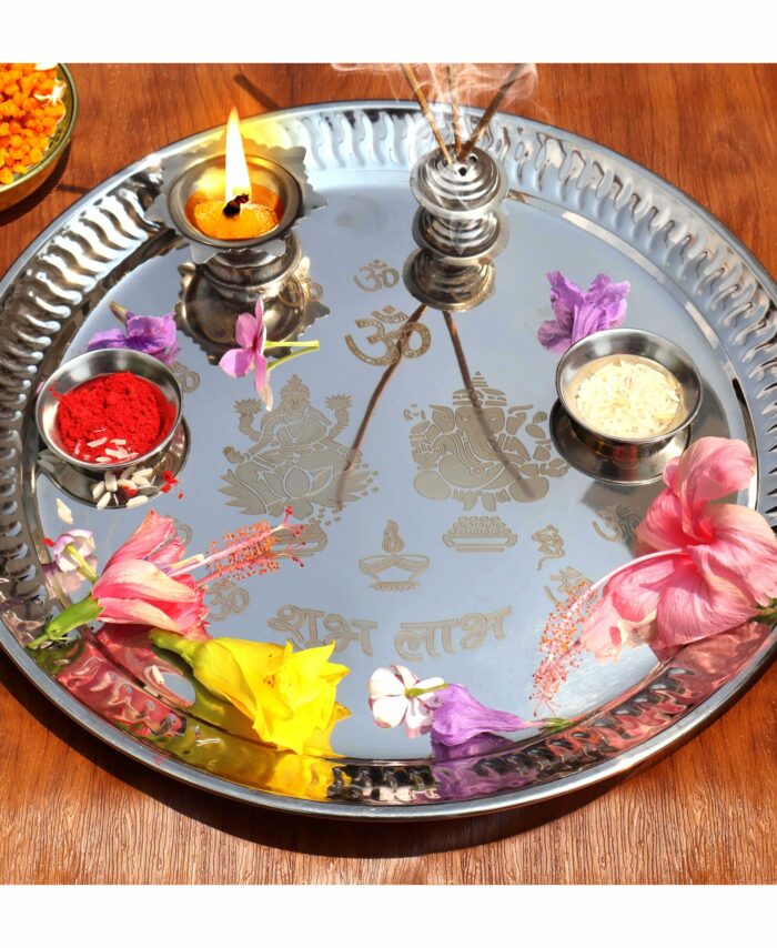Sanskriti Exports Handcrafted Engraved Lakshmi & Ganesh Stainless Steel Puja Aarti Thali Set, Religious Return Gift Item, 10-inch Pooja Thali with 1pc Diya, Agarbatti Holder & 2pcs Kumkum Wati