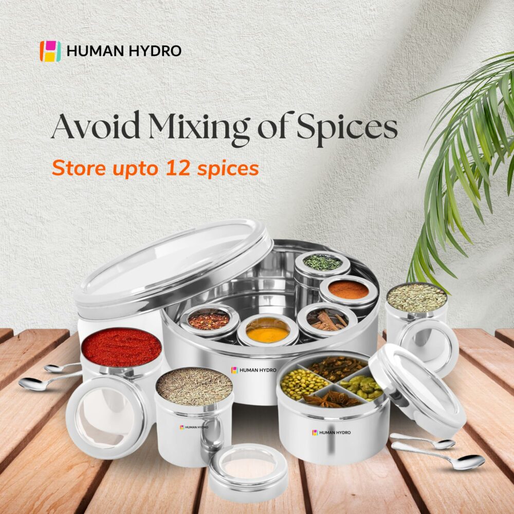 Sanskriti Exports 12-in-1 Stainless Steel Masala Dabba | Spice Box with Partitioned Middle Container & 3 Spoons | See-Through Lid | Masala Dani for Kitchen (22 cm, Silver) - Image 5