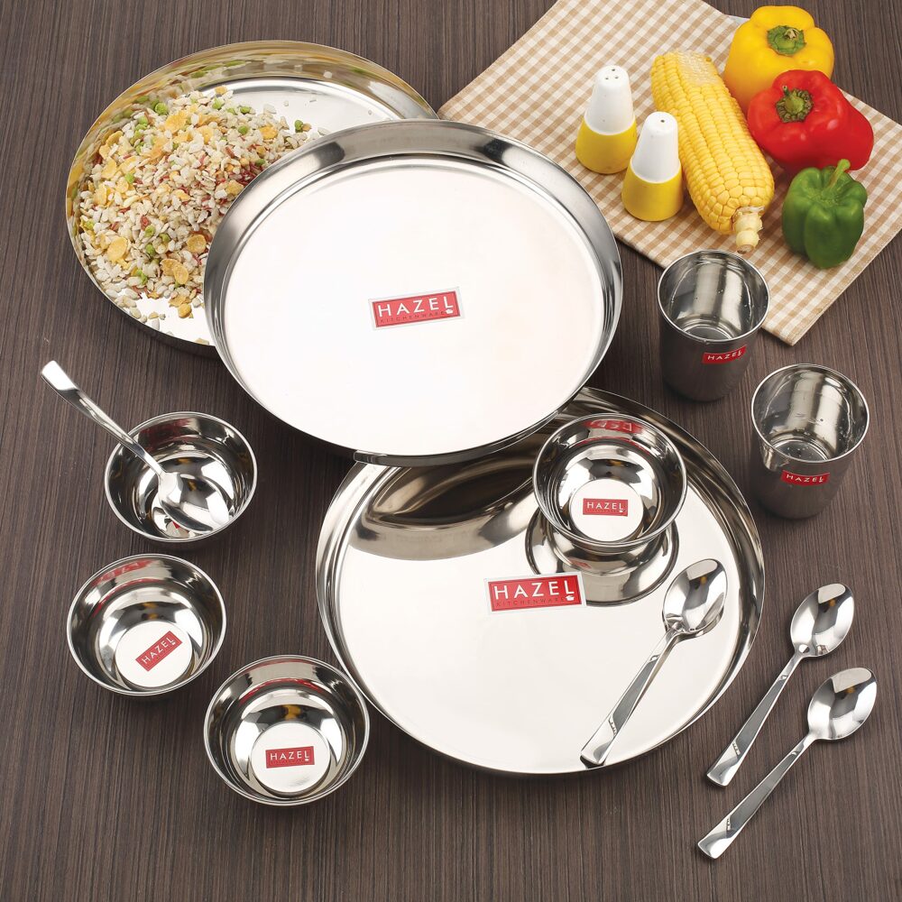 Sanskriti Exports Stainless Steel Dinner Set of 24 Pieces | 4 Plates, 4 Glasses, 8 Bowls, 4 Spoons, 4 Dessert Plates - Image 2