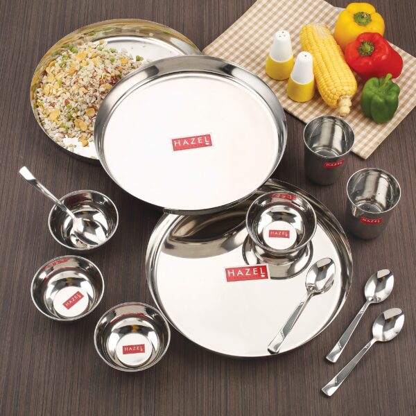 Sanskriti Exports Stainless Steel Dinner Set of 24 Pieces | 4 Plates, 4 Glasses, 8 Bowls, 4 Spoons, 4 Dessert Plates