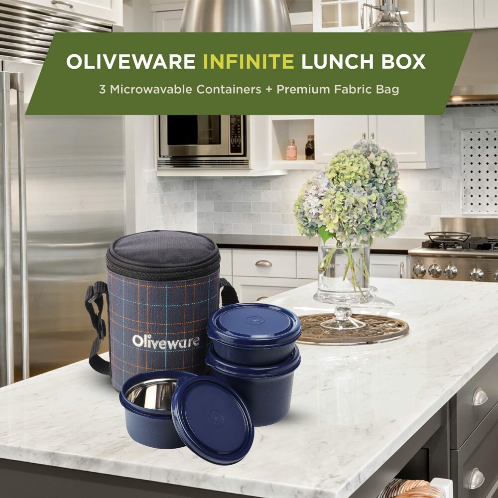 Sanskriti Exports Infinite Lunch Box, Microwave Safe & Leak Proof, 3 Inside Steel Containers with BPA Free Airtight Lids (290ml, 450ml & 600ml), Fabric Bag - Blue - Image 4