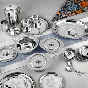 Sanskriti Exports Stainless Steel Eco Dinner Set - Laser 57 PCS | Complete Tableware Solution | Steel Utensils for Kitchen, Utensils Set, Bartan Set