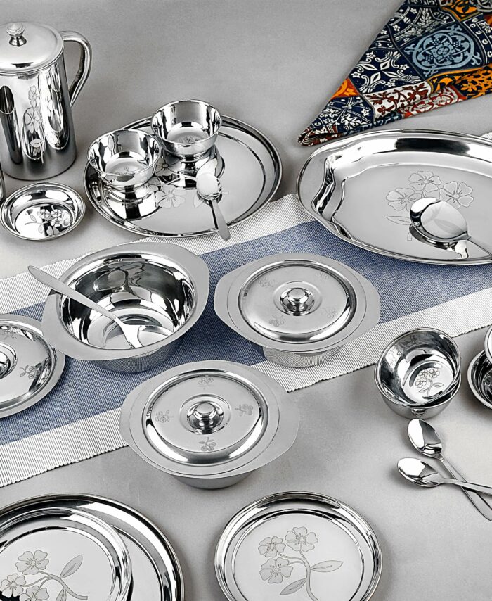 Sanskriti Exports Stainless Steel Eco Dinner Set - Laser 57 PCS | Complete Tableware Solution | Steel Utensils for Kitchen, Utensils Set, Bartan Set