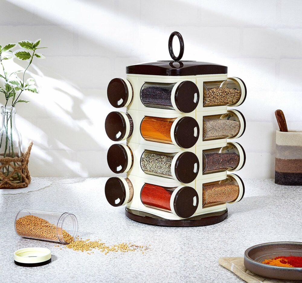 Sanskriti Exports - Plastic Revolving Spice Rack Set of 16 Pieces, (Dark Brown, Standard Size) - Image 3